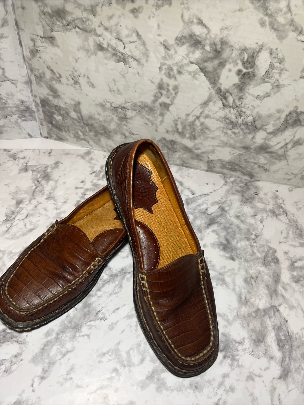 Born Brown Croc-Embossed Leather Loafers